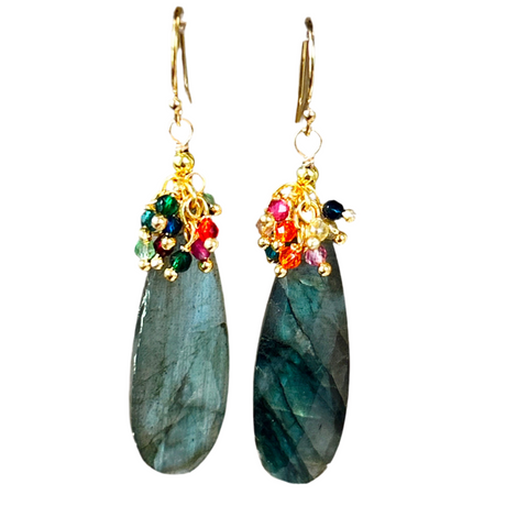 Labradorite Long Pendant Earrings with Multigem Fringe Top
