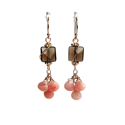 Smoky Quartz Squares with Pink Onyx Heart Drops Earrings