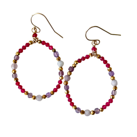 Pink Chalcedony, Tanzanite, and Amethyst Oval Hoop Earrings