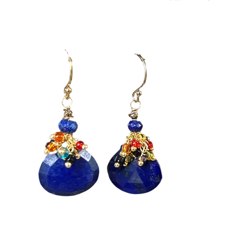 lapis lazuli pendants with multicolor beaded fringe overlay on gold ear wire earrings