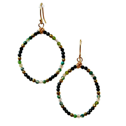 Moss Agate and Black Spinel Oval Hoop Earrings