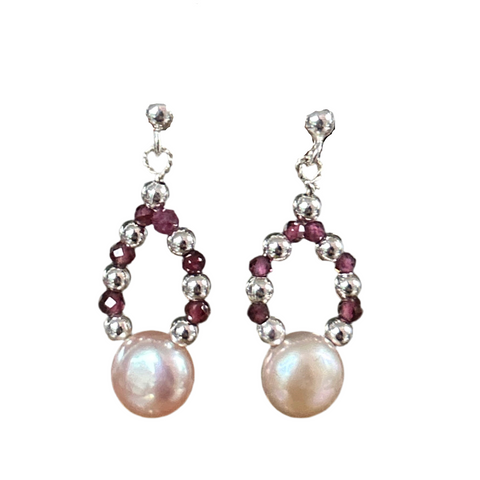 pink pearl dots on a small oval hoop with garnet and silver beads on silver ball and post earrings