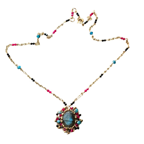 Vera Labradorite, Blue Apatite, Pink Chalcedony, and Black Spinel Amulet