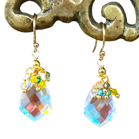 Rainbow Quartz Marquise Pendant Earrings with Multicolor Fringe