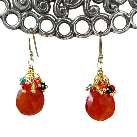 Carnelian  Pendant Earrings with Multicolor Fringe Top
