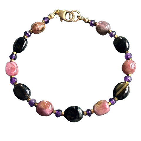 Dahlia Pink Tourmaline, Blue Tiger Eye, and Amethyst Bracelet