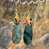 Labradorite Long Pendant Earrings with Multigem Fringe Top