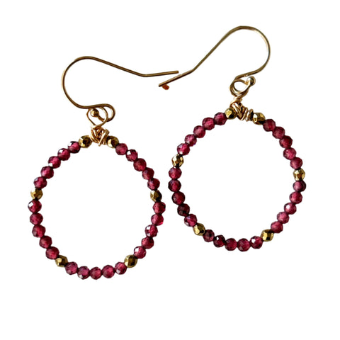 Garnet and Gold Hematine Small Hoop Earrings