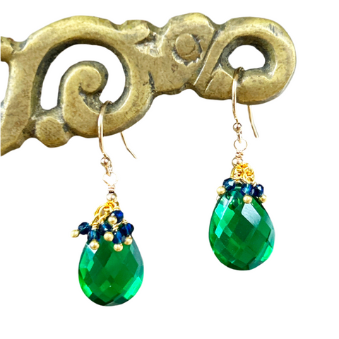 Green Quartz Pendant Earrings with Blue Kyanite Fringe Top