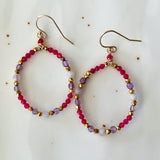 Pink Chalcedony, Tanzanite, and Amethyst Oval Hoop Earrings