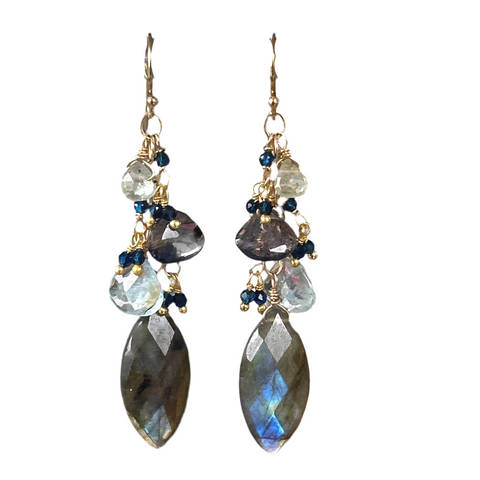 Spectacular labradorite earrings dancing amulets blue fringe