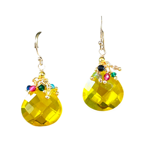 Lemon Quartz Pendant Earrings with Multicolor Fringe Top