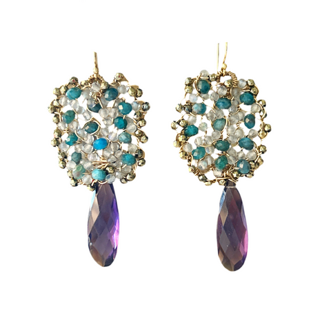 Amethyst Long Tear Cluster Earrings with Apatite and Labradorite