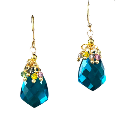 Aqua Quartz Marquise Pendant Earrings with Multicolor Fringe Top