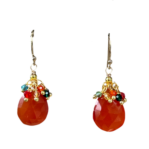 Carnelian  Pendant Earrings with Multicolor Fringe Top
