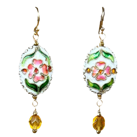 White Cherry Blossom Cloissoné Earrings with Yellow Glass Bead