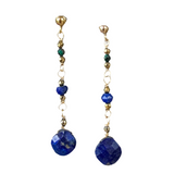 long three tier rosary chain earrings with mini lapis lazuli pendants, roundels,  green malachite and gold beads on gold ball and post earrings