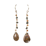 brown rutilated quartz pendant earrings on long twisted wire with pyrite and hessonite roundel stones 