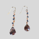 brown rutilated quartz pendant earrings on long twisted wire with pyrite and hessonite roundel stones 