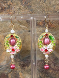 Yellow Cloisonné with Pink Pearls Earrings