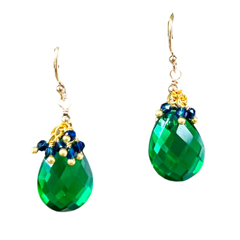 Green Quartz Pendant Earrings with Blue Kyanite Fringe Top