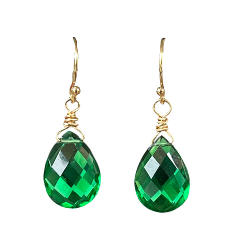 faceted green quartz teardrop pendants on gold filled ear wires