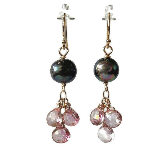 Black Pearl with Pink Topaz Drops