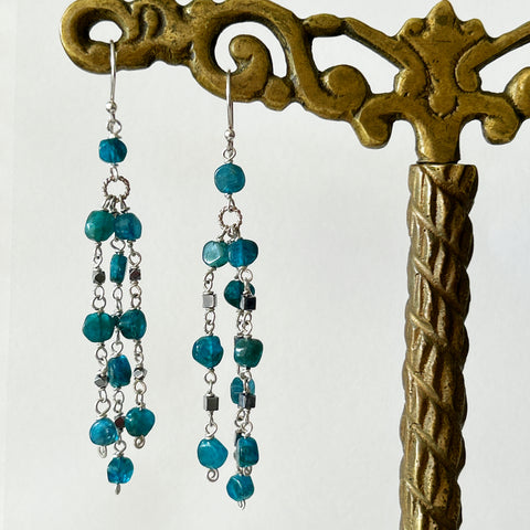 Blue Apatite and Hematite Triple Chain Chandelier Earrings