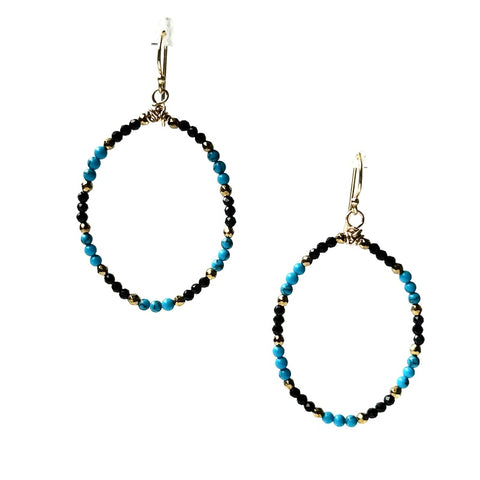 Turquoise and Black Spinel Oval Hoop Earrings