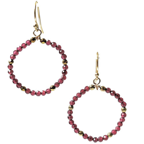 Garnet and Gold Hematine Small Oval Hoop Earrings