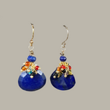 lapis lazuli pendants with multicolor beaded fringe overlay on gold ear wire earrings