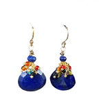 lapis lazuli pendants with multicolor beaded fringe overlay on gold ear wire earrings