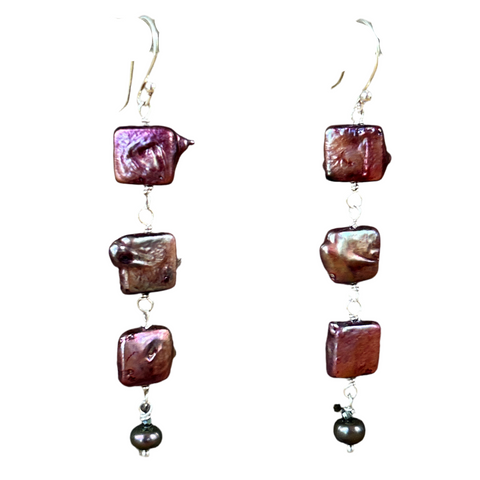 Magenta Square Pearls on Sterling Silver Earrings