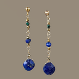 long three tier rosary chain earrings with mini lapis lazuli pendants, roundels,  green malachite and gold beads on gold ball and post earrings