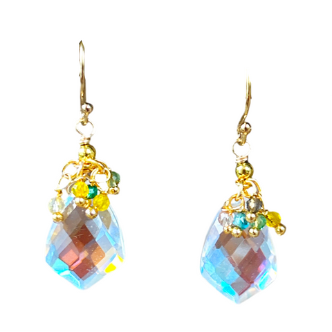 Rainbow Quartz Marquise Pendant Earrings with Multicolor Fringe
