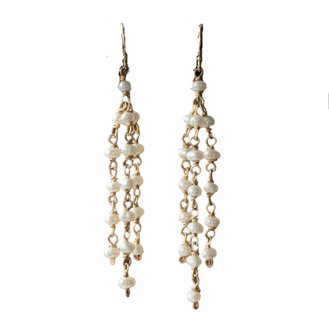 White Pearl Triple Chain Chandelier Earrings