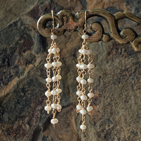 White Pearl Triple Chain Chandelier Earrings